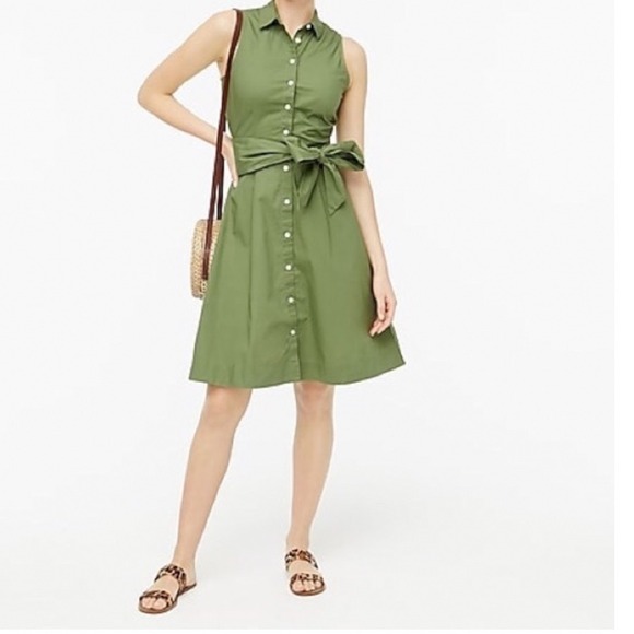 J.Crew Dresses & Skirts - J.Crew Womens Olive Green Cotton Poplin Sleeveless Tie Waist Shirt Dress Size 2